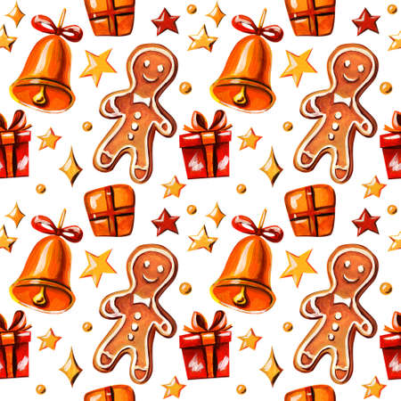 Christmas background with gingerbread man. Funny background with ginger cookies, bell, gift boxes and stars on a white background.の写真素材