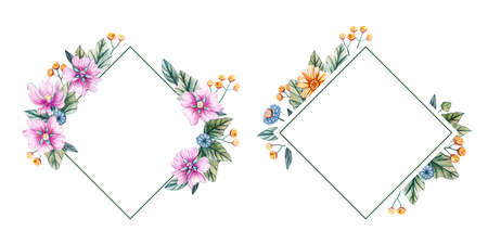Floral square frames of watercolor wildflowers. There is a place for text. Flowers on a white background. The shape of a diamond. Template for wedding invitations and cards.の写真素材
