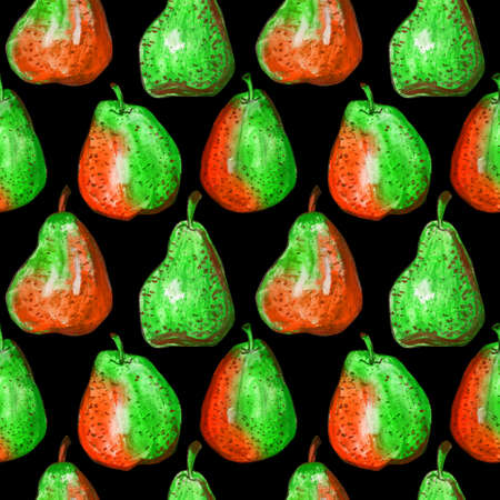 Seamless pattern with pears on a black background. Orange and green fruit in the speck. Hand-drawn illustration of oil pastel for design of food label, wrapping paper, textile.の写真素材