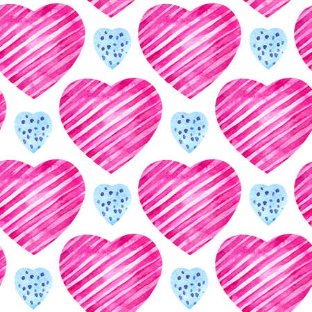 Seamless pattern with watercolor hearts. Tender pink and blue hearts with paper texture with diagonal white lines and dots on a white background. For wedding invitations and Valentine's Day designs.の写真素材