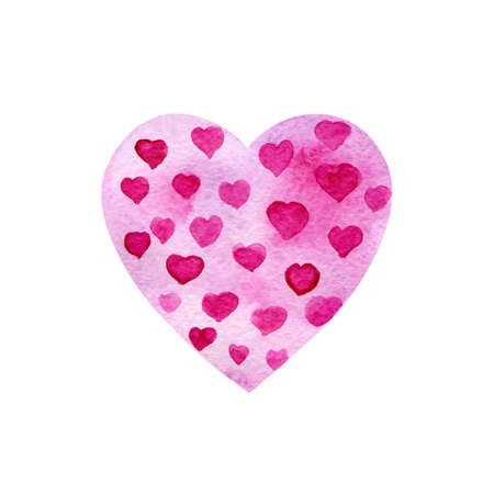 Watercolor pink heart-shaped pattern. Delicate lilac background with paper texture and small hearts of different sizes for wedding invitations and designs for Valentine's Day.の写真素材