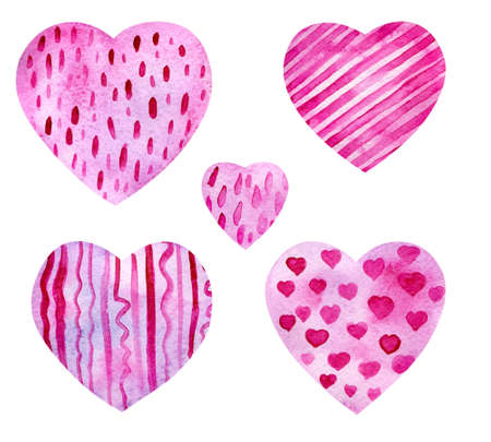 Set of watercolor pink hearts. Delicate lilac background with paper texture and diagonal strokes, lines and dots and hearts. For wedding invitations and designs for Valentine's Day.の写真素材