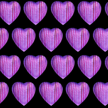 Seamless pattern with watercolor hearts. Delicate purple hearts with paper texture with straight purple lines on a black background. For wedding invitations and Valentine's Day designs.の写真素材