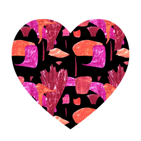Heart shaped pattern with abstract pattern. Orange, pink and burgundy geometric shapes on a black...