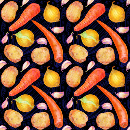 Seamless pattern with vegetables. Food illustration with potato, carrot, onion, tomato and garlic...