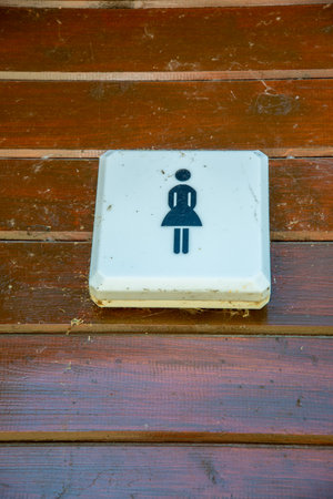 An illuminated sign for a women's toilet on a wooden wall, very dirty with cobwebsのeditorial素材