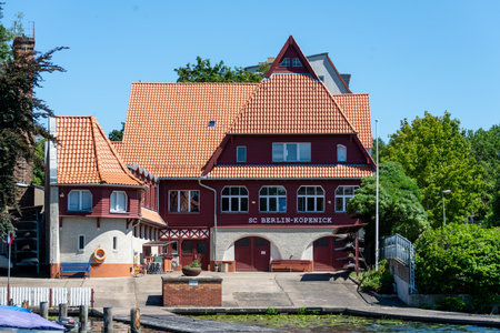 Berlin, Berlin / Germany - 07.23.2018: The clubhouse of SC Berlin-Koepenick photographed from water.のeditorial素材