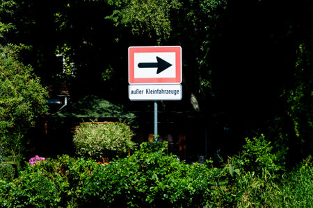 A sign for a waterway, which says that you are only allowed to drive in direction. Exceptions are small boatsのeditorial素材
