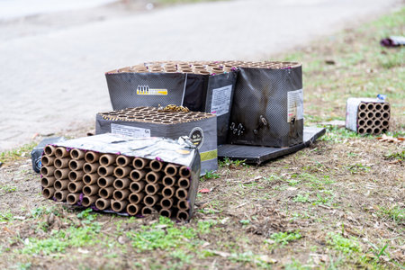 Several burned down fireworks batteries on the road to Sylverster.のeditorial素材