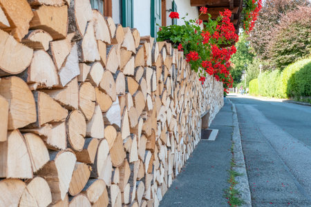 Firewood in exactly the same length stacked on a house wall, which looks decoratively beautiful with...