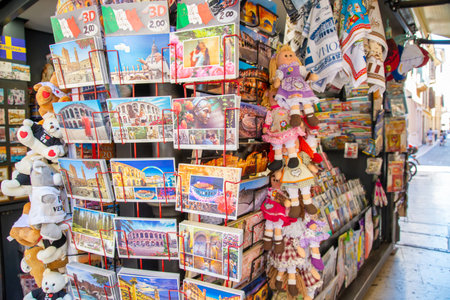Verona, Veneto / Italy - 08/18/2020: A souvenir stand with postcards, cuddly toys and many other different souvenirs under one roof for touristsのeditorial素材
