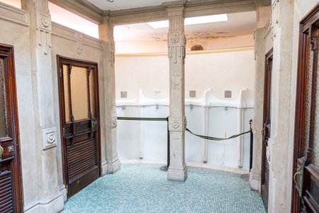 Verona, Veneto / Italy - 08/18/2020: View into a historical public toilet in Verona on a wide pee bowl with single flush buttons, which have been locked and a lot of stucco and decorations on the sandstone wallsのeditorial素材