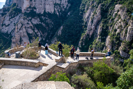 Montserrat, Barcelona - Spain - 10-29-2021: Viewing platform at Montserrat Monastery with visitors....