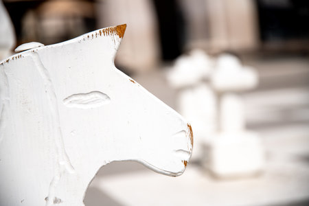 The worn-out head of a white horse as the knight piece in a large chess game. The paint on the head and snout is already scratched off.の写真素材