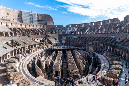 Roma, Lazio - Italy - 11-23-2022: View into the basement vaults of the Colosseum with its corridors overlooking the seating areas in the background.のeditorial素材