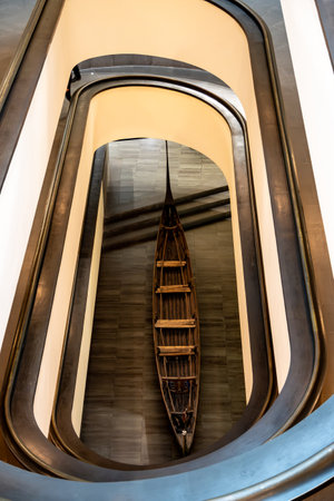 CittÃ  del Vaticano, Vaticano - Stato della CittÃ  del Vaticano - 11-22-2022: Elegant geometric staircase forms a unique pattern around a suspended canoe in the the Vatican Museumsのeditorial素材