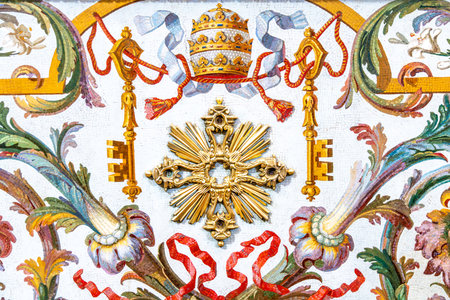 CittÃ  del Vaticano, Vaticano - Stato della CittÃ  del Vaticano - 11-22-2022: Detail of a Vatican mosaic showcasing the papal tiara and crossed keys, symbols of the papacyのeditorial素材