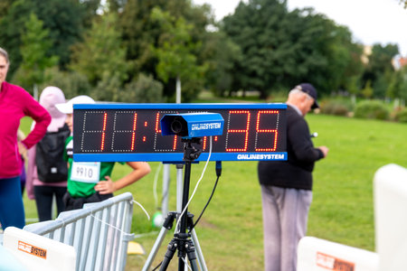 Prague, Capital City of Prague - Czech Republic - 09-18-2022: Digital race clock showing elapsed time at an outdoor running event in Pragueのeditorial素材