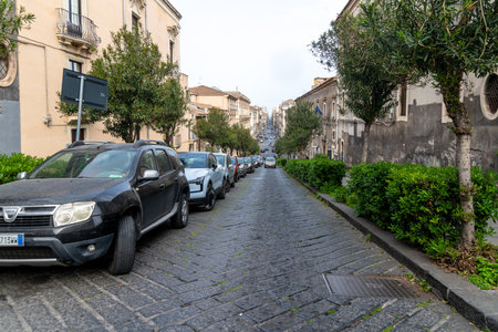 Steep cobblestone street lined with parked carsの写真素材