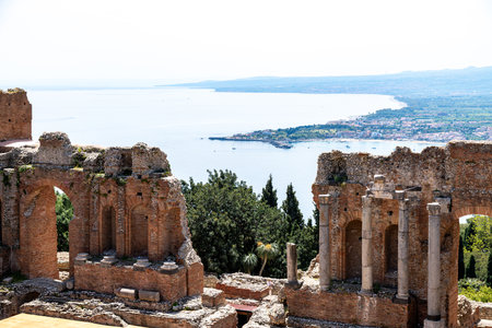 Ancient Theatre Overlooking Sea and Hillsの写真素材