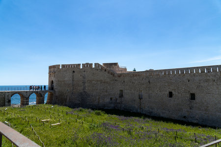Historic Stone Fortress Maniace with Bridge in Syracuseの写真素材