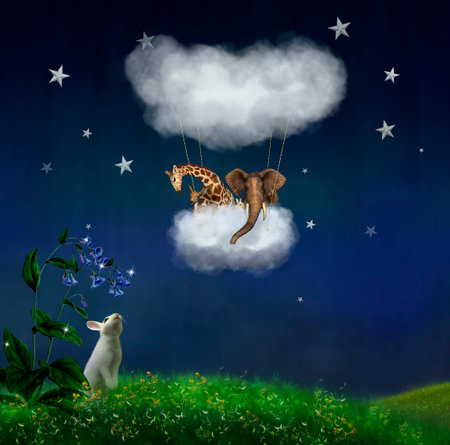 Animals floating in the clouds at nightの写真素材