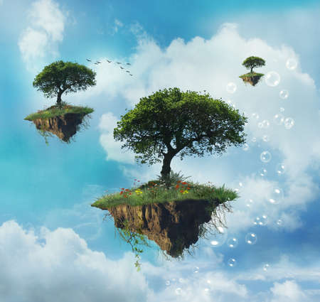 Floating island with trees in the skyの写真素材