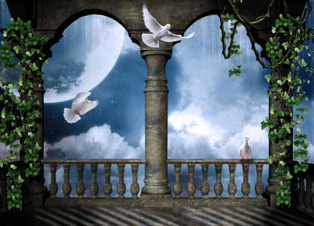 Castle balcony with doves flying an big moonの写真素材