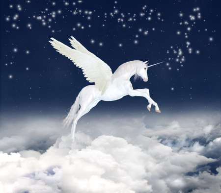 White unicorn flying in the skyの写真素材