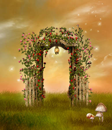 view of a fantastic garden with roses in a wooden fenceの写真素材