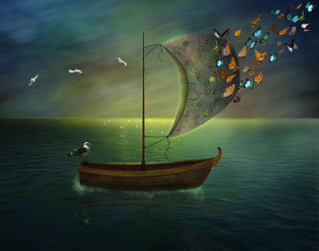 lonely boat sailing in a calm sea and butterfliesの写真素材