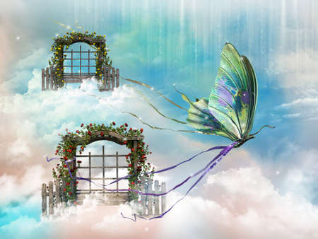 floating canopies in the sky with big butterflyの写真素材