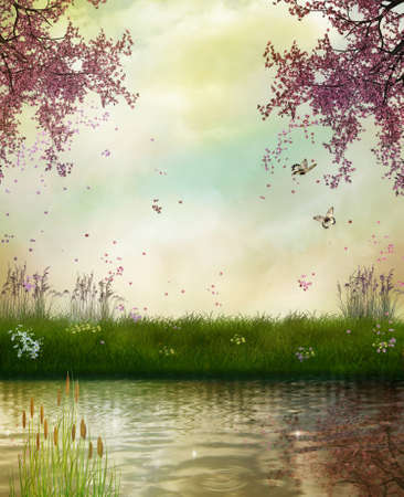 Lanscape of a river with plants in a fantastic spring dayの写真素材