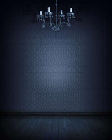 Blue room with lamp, pattern wallpaper and wooden floorの写真素材