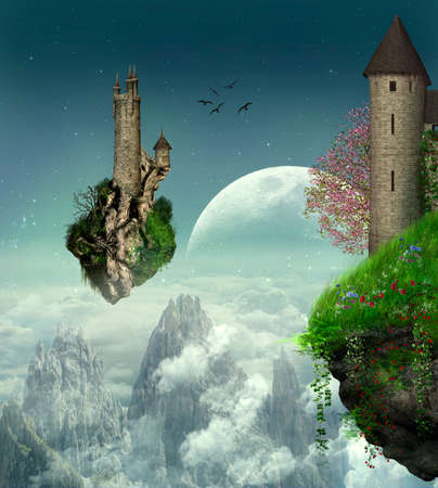 Two castles in floating island over the mountainsの写真素材