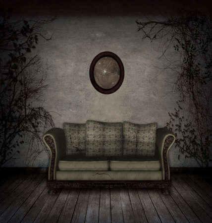 Creepy room with old sofa and broken mirrorの写真素材