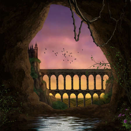 Fantastic cave with a and bridge in the backの写真素材