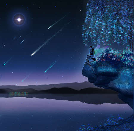 Fairy on a rock in a magical nightの写真素材