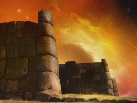 Inca walls and fantastic sky with nebulaの写真素材