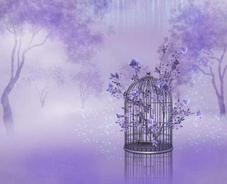 Bird cage with roses in a imaginary forestの写真素材