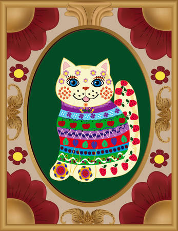 vector illustration of a cute cat and flowered frameのイラスト素材