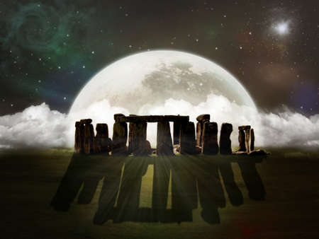 Photomanipulation of ruins of Stonehenge in a night with fantastic moonの写真素材