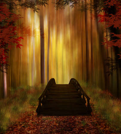 Fantastic forest with a wooden bridge in autumnの写真素材