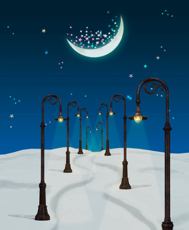 Snowy footpath illuminated by street lamps in a fantastic nightの写真素材