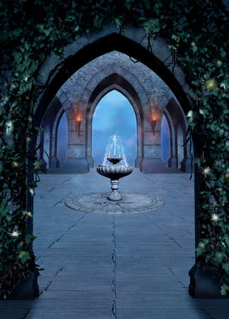 Beautiful font in a medieval castle at nightの写真素材