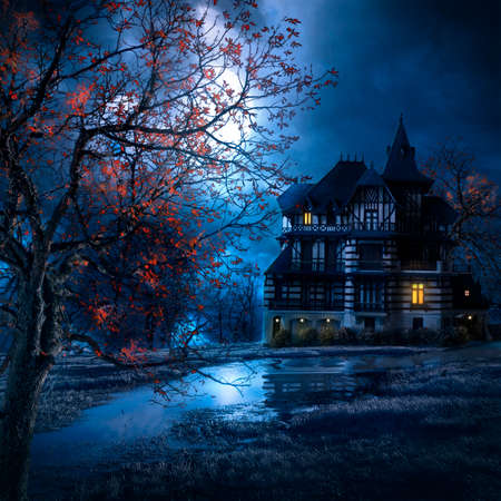 mysterious house in the night with the moon illuminating the sceneryの写真素材