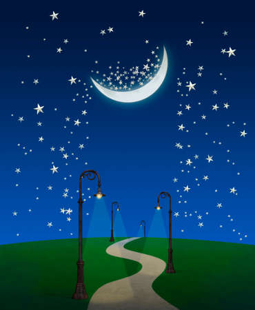 Fantasy sky with moon and stars and pahtway with streetlampsの写真素材