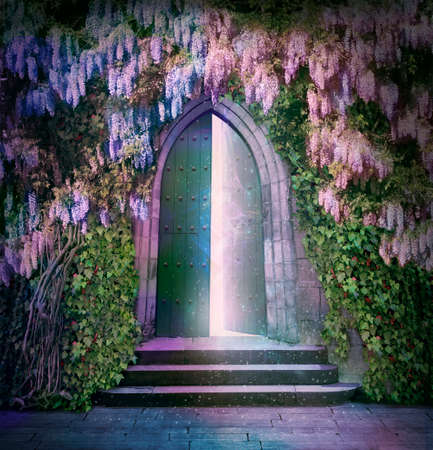 ancient door with mysterious lights in the nightの写真素材