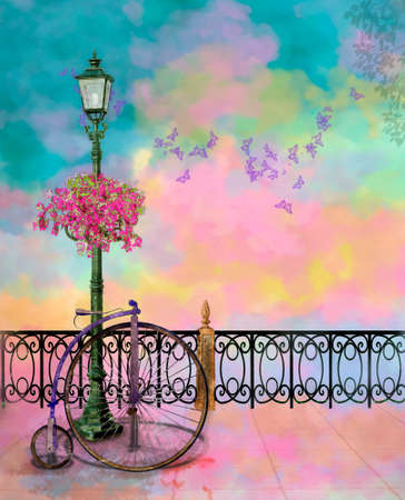 a colorfull park with street lamp and old bycicle in a summer dayの写真素材