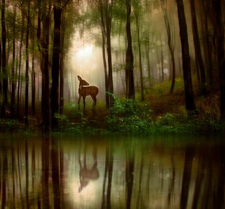 A little fawn in middle of a forest with water reflectionの写真素材